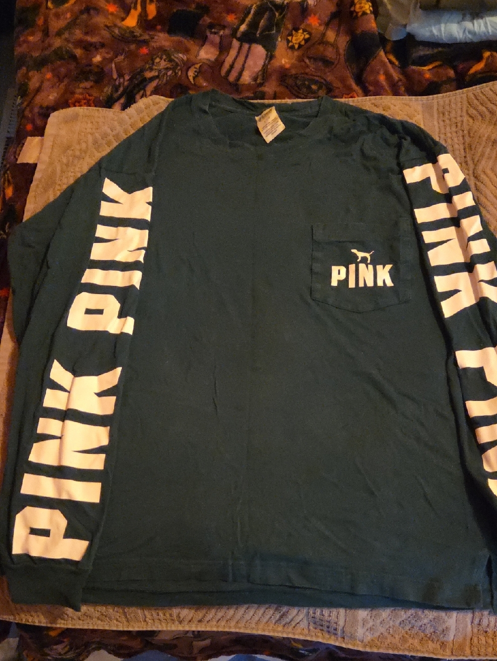 PINK Victoria's Secret Teal Long-Sleeve Pocket Tee with White Sleeve Logo